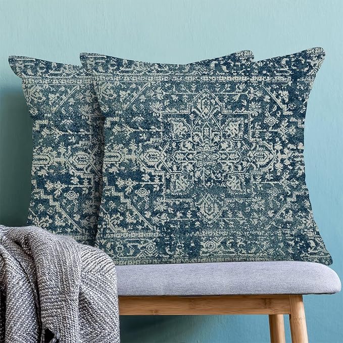 Boho Blue Throw Pillow Covers 18x18 Set of 2, Carpet Pattern Navy Blue Decorative Throw Pillow Covers Bohemia Linen Outdoor Cushion Cover for Sofa Couch Farmhouse Room Bed