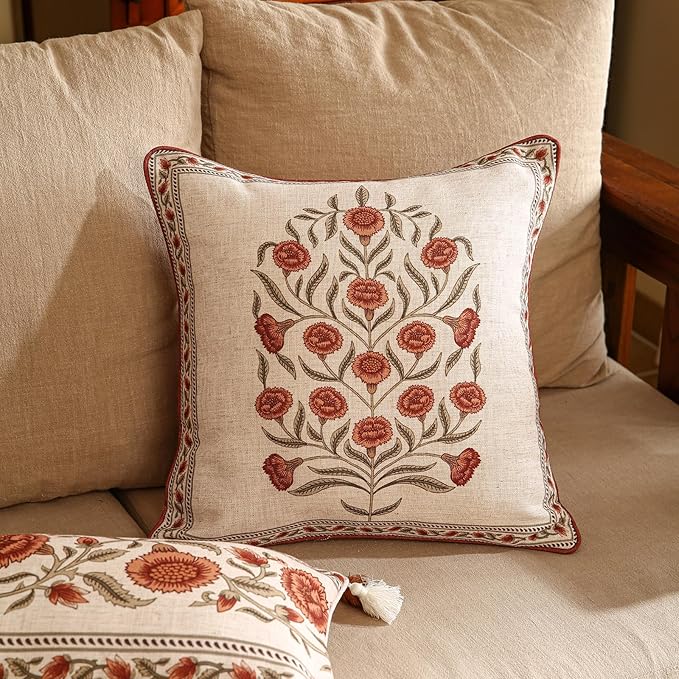 Design Linen Square Vintage Throw Pillow Covers 18"x18" Pack of 2, Brick Red Cushion Covers with Orange Floral Green Leaves Pattern Decoration Pillowcases for Bed,Living Room,Outdoor,Car