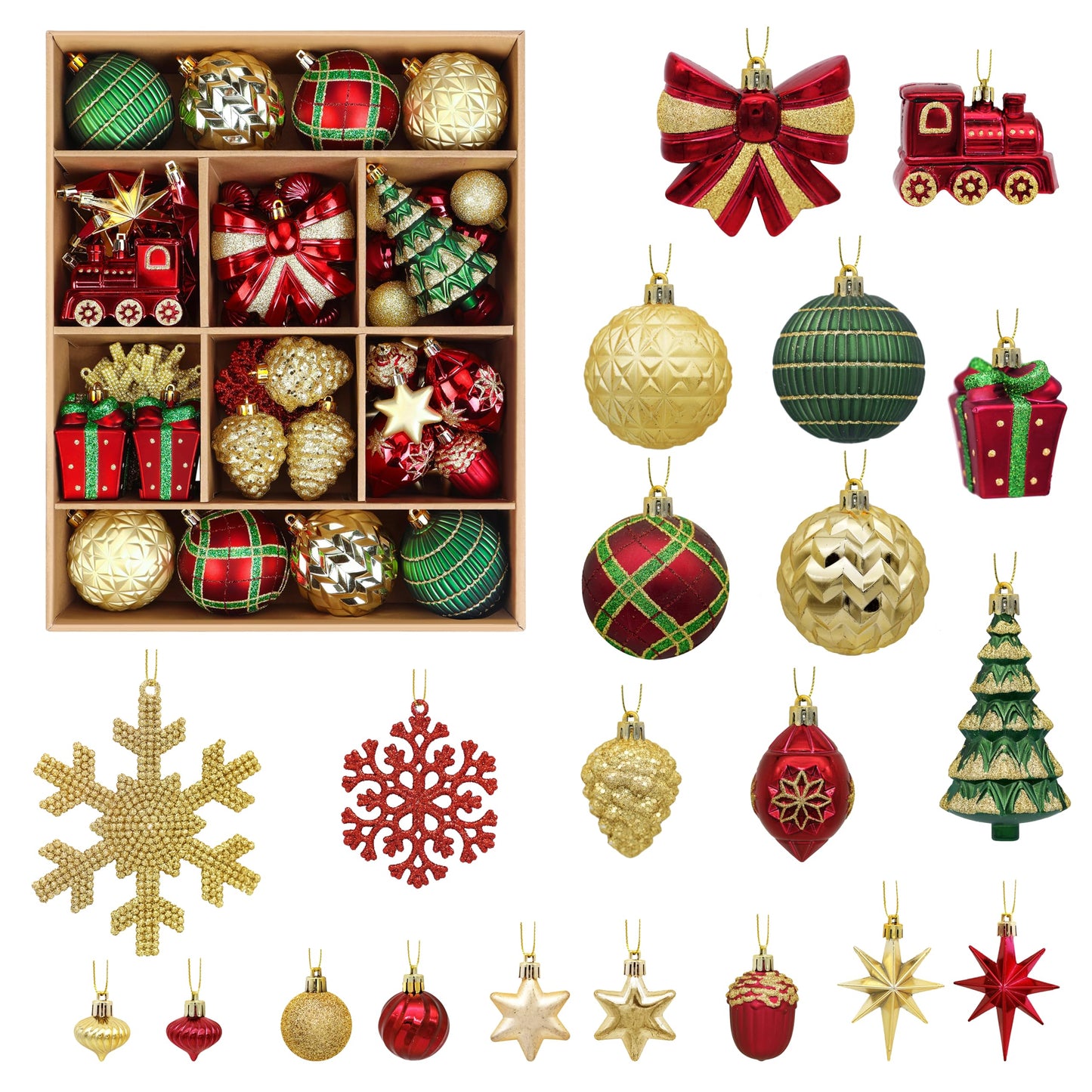 Alupssuc 82pcs Christmas Balls Ornaments Set, Delightful Classic Gift Set, Shatterproof Plastic Decor for Xmas Tree Holiday Wedding Party Decorations with Hanging Strings, Gold, Red and Green