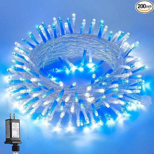 JMEXSUSS Blue and White String Lights Outdoor Indoor, 200 LED Christmas String Lights Clear Wire, 66ft Christmas Lights Plug in for Bedroom Tree Room Party Decorations