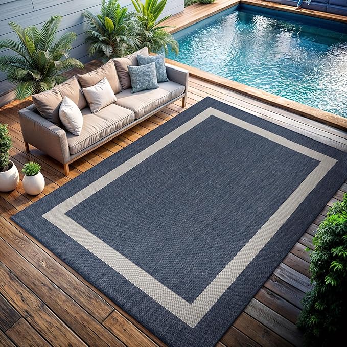 CAMILSON Outdoor Rug 6x9, Modern Outside Rugs for Patios Porches Waterproof Durable Washable Non-Shedding, Easy-to-Clean Indoor Outdoor Area Carpet (6 x 9, Bordered - Blue/White)