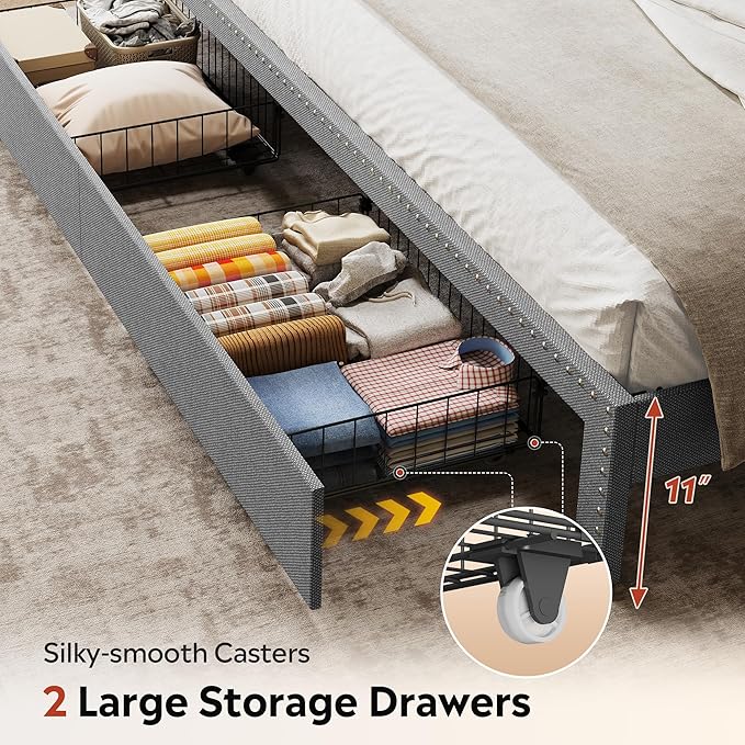 WLIVE King Size Upholstered Bed Frame with 2 Drawers, Linen Tufted Storage Headboard with Charging Ports and LED Light, Sturdy Metal & Wooden Slats Support, No Box Spring Needed, Light Grey