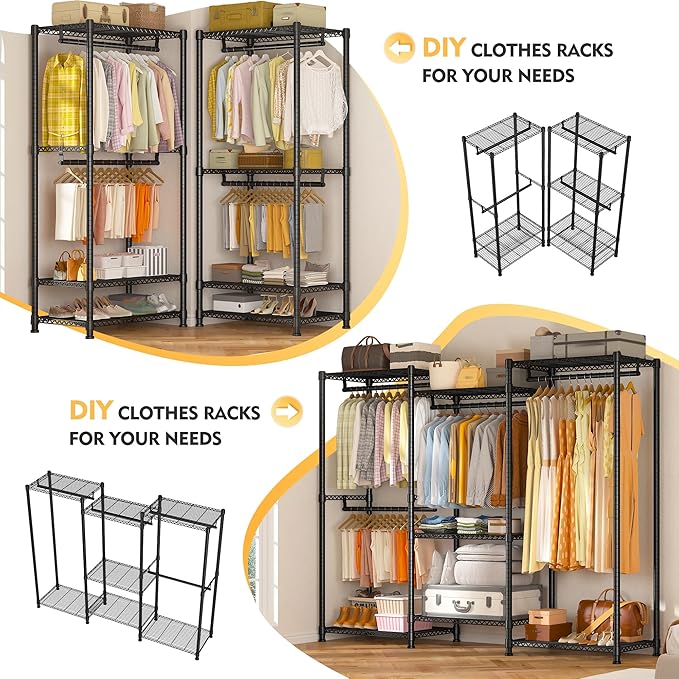 Raybee Clothes Rack Load 900Lbs, Heavy Duty Clothing Rack for Hanging Clothes Freestanding Garment Rack 77" H x 69'' W x 16'' D,Black