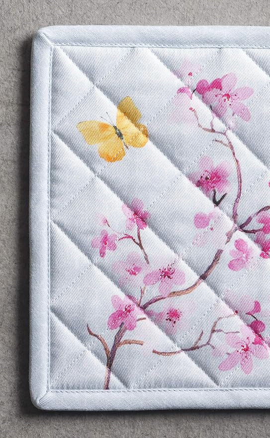 Maison d' Hermine 100% Cotton Oven Mitt & Pot Holder Set (7.5"x13" & 8"x8") Heat Resistant BBQ Cooking Gloves with Loop, Baking, Grilling, Kitchen, Handling Hot Pans Spring/Summer (Blossoms In Spring)