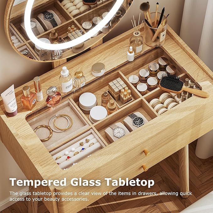 Small Vanity Desk with Mirror and Lights, Metal Handles with Cushioned Stool, 3 Lighting Modes Round Makeup Table with Glass Top, Compact Vanity for Small Spaces with 6-Grid Organizer, Natural Oak