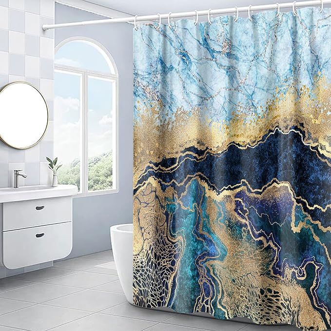 Marble Shower Curtain, Blue Marble Shower Curtain Set, Abstract Navy Blue Gold Glitter Veins Texture Marble Shower Curtains for Bathroom, Waterproof Fabric with 12 Hooks, 72 x 72 inches