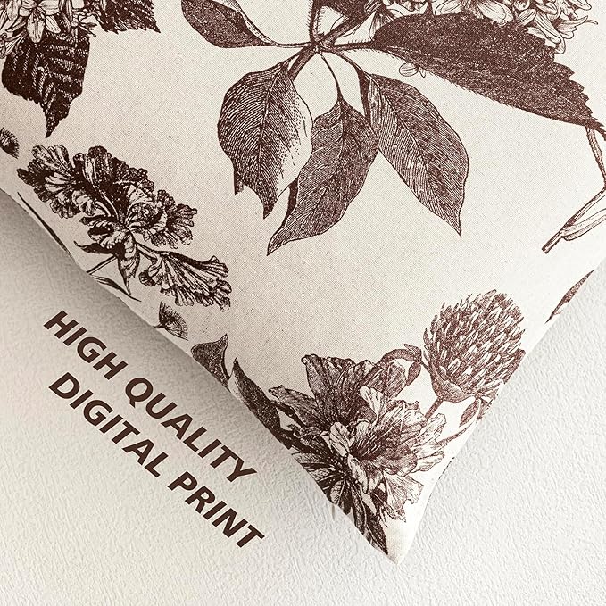 Foindtower Set of 2 Linen Floral Throw Pillow Covers Neutral Vintage Print Decorative Cushion Covers Farmhouse Boho Home Decor for Sofa Chair Couch Bedroom Living Room Outdoor,18×18 Inch,Dark Brown