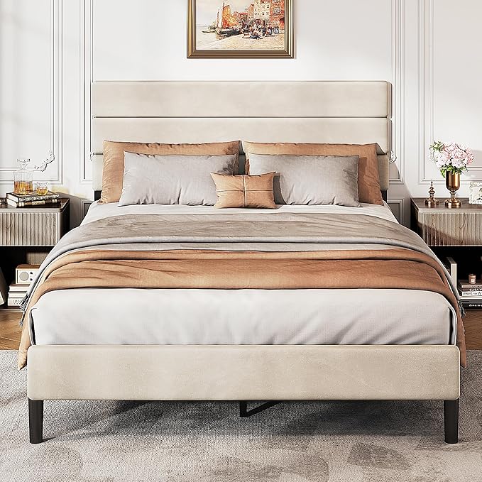 WLIVE Full Size Upholstered Bed Frame, Velvet Square Tufted Headboard,Sturdy Metal & Wooden Slats Support, No Box Spring Needed, Light Grey