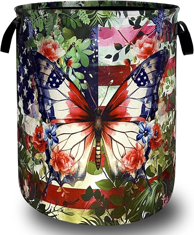 Beautiful Butterfly American Flag Laundry Basket Foldable Oxford Cloth Laundry Hamper With Handle Portable Clothes Storage Basket 18.9 X 16.5 Inch Storage Bag For Laundry Room/Bathroom/Bedroom