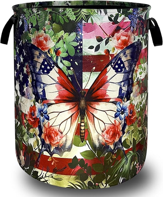 Beautiful Butterfly American Flag Laundry Basket Foldable Oxford Cloth Laundry Hamper With Handle Portable Clothes Storage Basket 18.9 X 16.5 Inch Storage Bag For Laundry Room/Bathroom/Bedroom