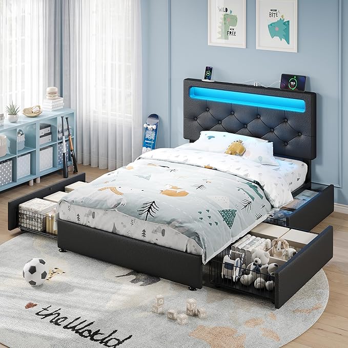 Rolanstar Twin Size Bed Frame with Charging Station and LED Lights, Upholstered PU Leather Bed with Adjustable Headboard and 4 Storage Drawers, No Box Spring Needed, Easy Assembly, Black