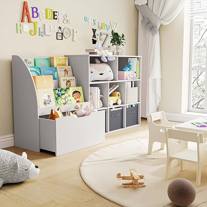 Kids Bookshelf and Toy Storage, Toy Storage Organizers with Movable Drawers & 3 Storage Bins, Kids Reading Nook Toy Organizers Shelf with 5 Cubbies, White
