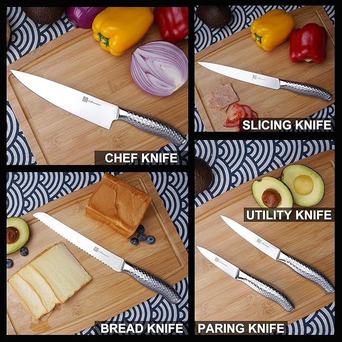 Kitchen Knife Set, One-piece Stainless Steel Knife Sets for Kitchen with Block, 6 Pieces Solid Natural Wood Knife Block Set, Box Packed, Silver.