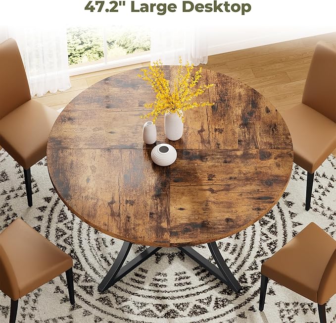 IRONCK 47.2" Round Dining Table for 4, Wood Kitchen Table with Storage Shelf for Dining Room, Dinner Table with Wooden Tabletop and Metal Base, Rustic Brown