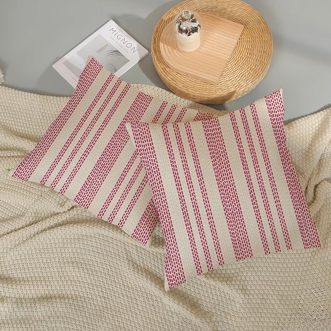 Boho Pillow Covers 18x18 Pack of 2 Hot Pink Polka Dot Stripes Throw Pillow Covers Bohemian Abstract Modern Decorative Pillowcase Farmhouse Linen Cushion Case for Home Couch,Outdoor Decoration