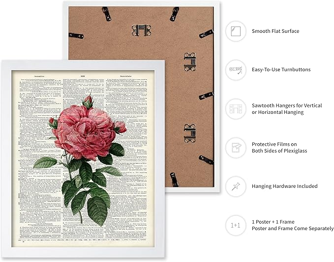 Poster Master Dictionary Art Poster - Pink Roses Print - Flower Art - Floral Art - Gift for Him, Her & Florist - Minimal Decor for Living Room, Bedroom, Dorm or Flower Shop, 16x20 White Framed