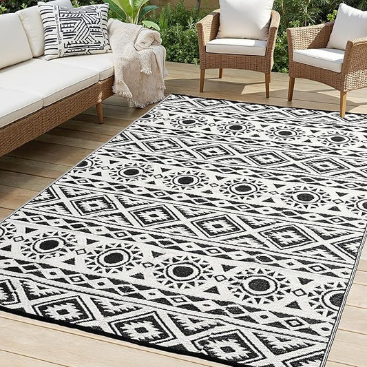 Outdoor Rug Waterproof 9x12 ft, Reversible Outdoor Plastic Straw Rug Patio Rug, RV Rugs for Outside, Outdoor Carpet for Patio Camping Deck Balcony Backyard, Black & White
