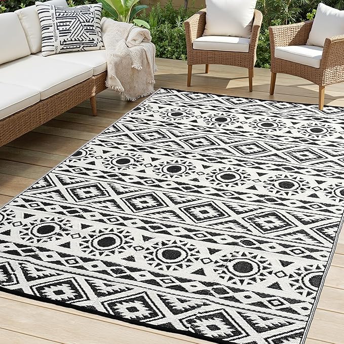 Outdoor Rug Waterproof 8x10 ft, Reversible Outdoor Plastic Straw Rug Patio Rug, RV Rugs for Outside, Outdoor Carpet for Patio Camping Deck Balcony Backyard, Black & White