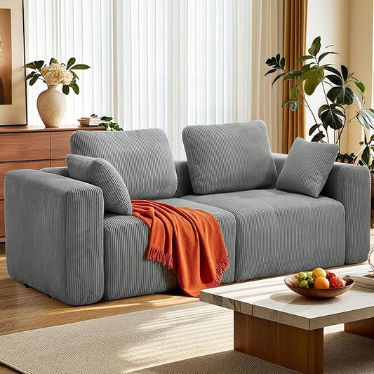 80.4" Modular Sectional Sofa Loveseat Couch for Living Room, Comfy Cloud Sofa Modern 2-Seat Sofa, Corduroy Upholstered Boneless Couch with Deep Seat, 4 Pillows, Grey