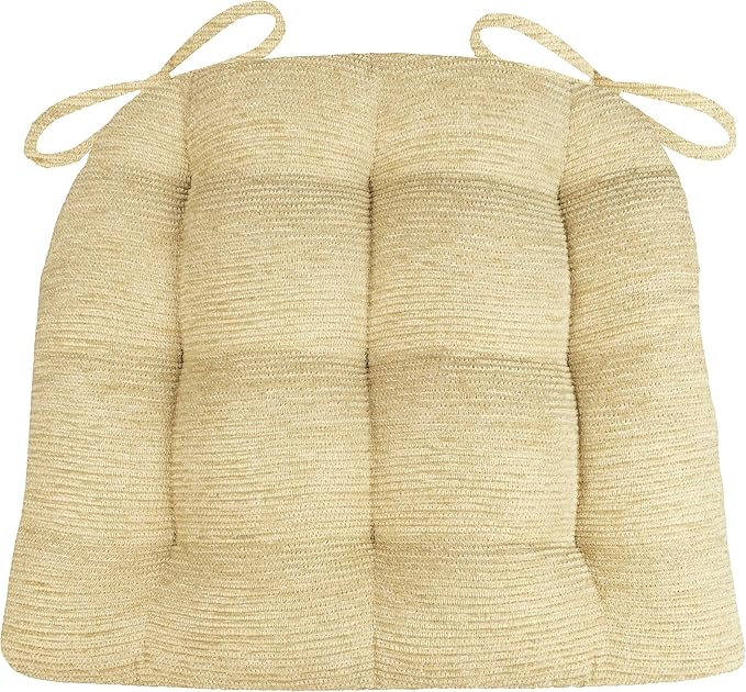 Barnett Home Decor Chenille Rib Tan Dining Chair Cushions with Ties - 16.5 x 18 Size Medium Chair Pad - Latex Foam Fill, Reversible - Made in USA (Beige)