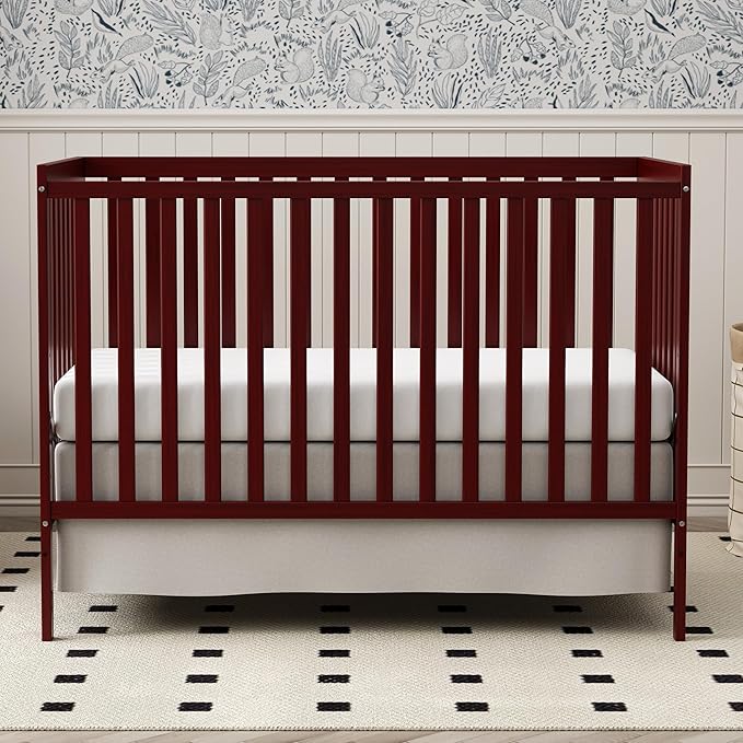Baby Crib 5-in-1 Convertible, Wooden Nursery Cribs Converts to Toddler Bed, Daybed and Full Size Bed, 3 Adjustable Base, Non-Toxic Finish (Cherry)