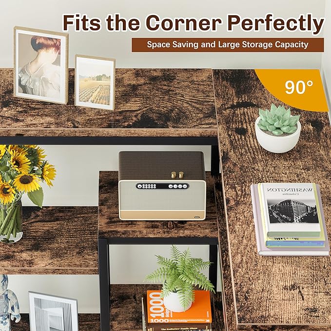 JAMFLY 5-Tier Corner Bookshelf, Industrial Corner Bookcase, Book Shelves with Metal Frame, Large Open Display Bookshelves, L-Shaped Shelf for Living Room, Home Office, Rustic Brown