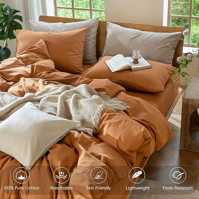 MooMee Bedding Duvet Cover Set 100% Washed Cotton Linen Like Textured Breathable Durable Soft Comfy (Solid Burnt Orange, Super Queen 90"x98")
