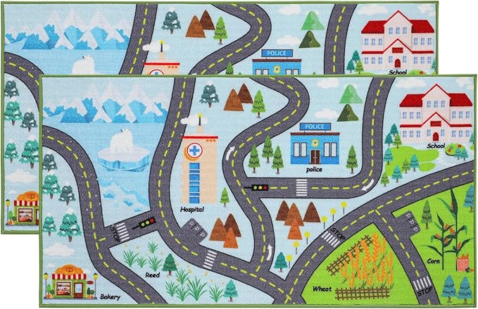 BEQHAUSE Kids Room Rug City Life 2pcs, 32”x60” Educational Road Traffic Kids Rug, Non Slip Washable Play Mat Carpets for Children's Bedroom Playroom Nursery Room Decor