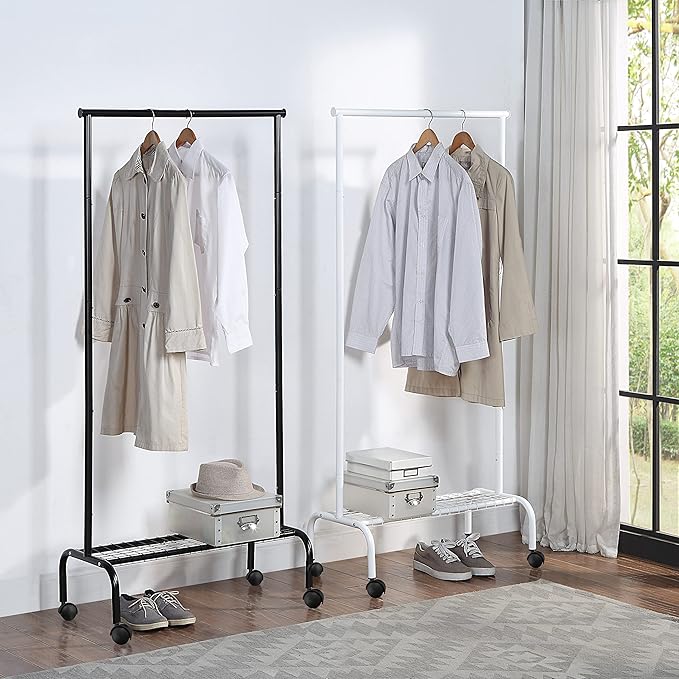 SunnyPoint Rolling Garment Rack with Shelf – Heavy-Duty Metal Clothing Rack on Wheels, 64.9” Tall Clothes Organizer with Bottom Storage, Black