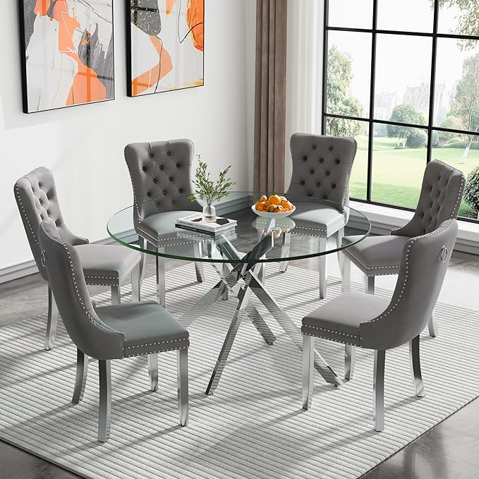 Goujxcy Round Dining Table Set for 6, Modern Glass Kitchen Table and Chairs Set of 6, 7-Piece Dining Room Table Set w/47 Circle Silver Glass Dining Table and 6 Upholstered Velvet Chairs