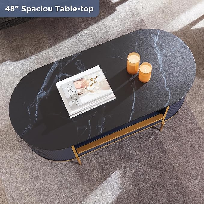 OKD Modern Luxury Fluted Coffee Table, 48" Oval Coffee Table with Drawer, Faux Marble Top, Curved Profile Design, Gold Metal Decor, Center Table for Living Room, Navy Blue