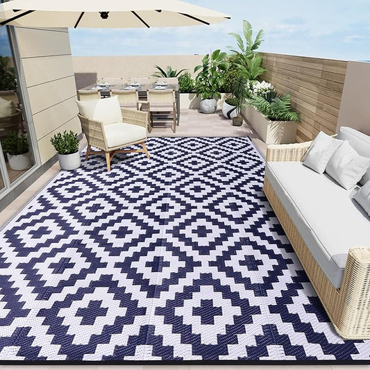 OLANLY Waterproof Outdoor Rug 8x10 ft, Outdoor Plastic Straw Rug for Camping, RV Mat Outside, Indoor Outdoor Carpet for Porch, Deck, Backyard, Balcony, Picnic, Navy & White