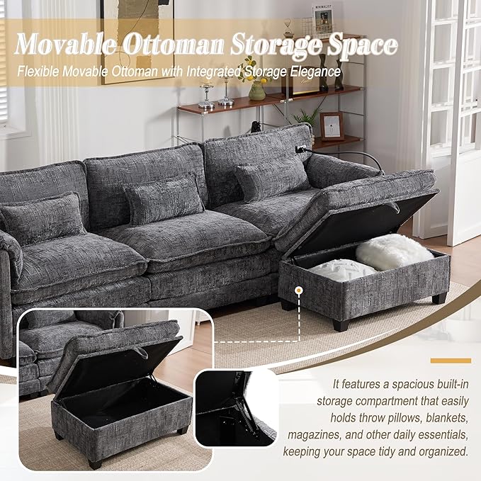 KEIKI 110" L-Shaped Boucle Modular Sectional Chenille Sofa with 1 Ottoman & Memory Foam Cushion & Phone Holder & USB, Upholstered Modern Oversized 4-Seater Couch, Easy Assembly, for Living Room, Gray