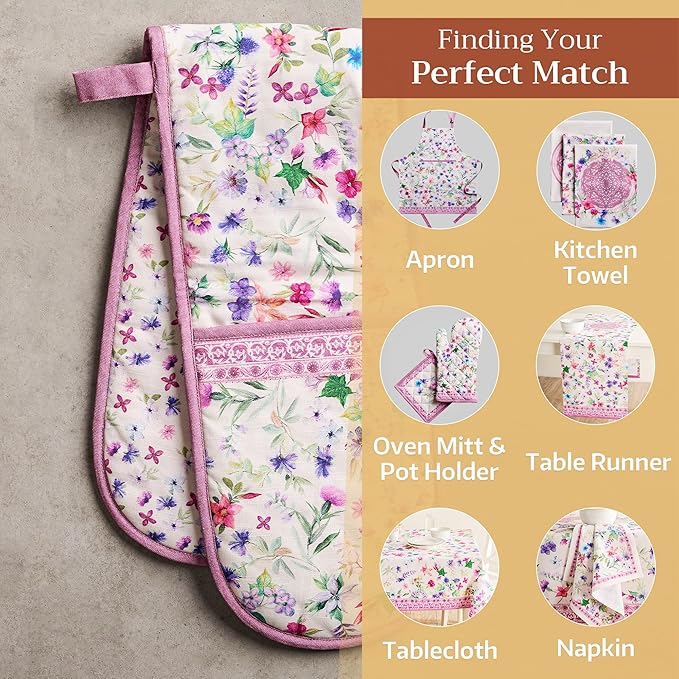 Maison d' Hermine Double Oven Mitts 100% Cotton 7"x35" Double Oven Mitt Heat Resistant BBQ Cooking Gloves with Loop, Baking, Grilling, Home, Kitchen, Handling Hot Pans Spring Summer (Chardon)