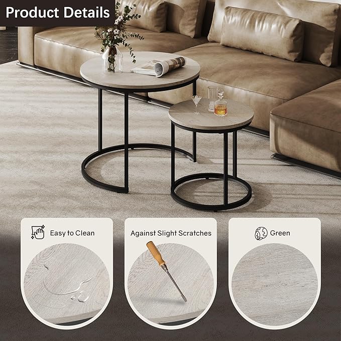 Nesting Tables Set of 2, Round Coffee Table, Small Nesting Coffee Table with Adjustable Non-Slip Fee, Wood Grain Top Nesting Tables for Living Room, Bedroom (Wood Grain Grey)