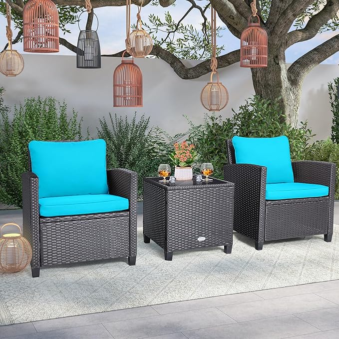 Tangkula 3 Pieces Patio Furniture Set, PE Rattan Wicker 3 Pcs Outdoor Sofa Set w/Washable Cushion and Tempered Glass Tabletop, Conversation Furniture for Garden Poolside Balcony (Beige/Turquoise)