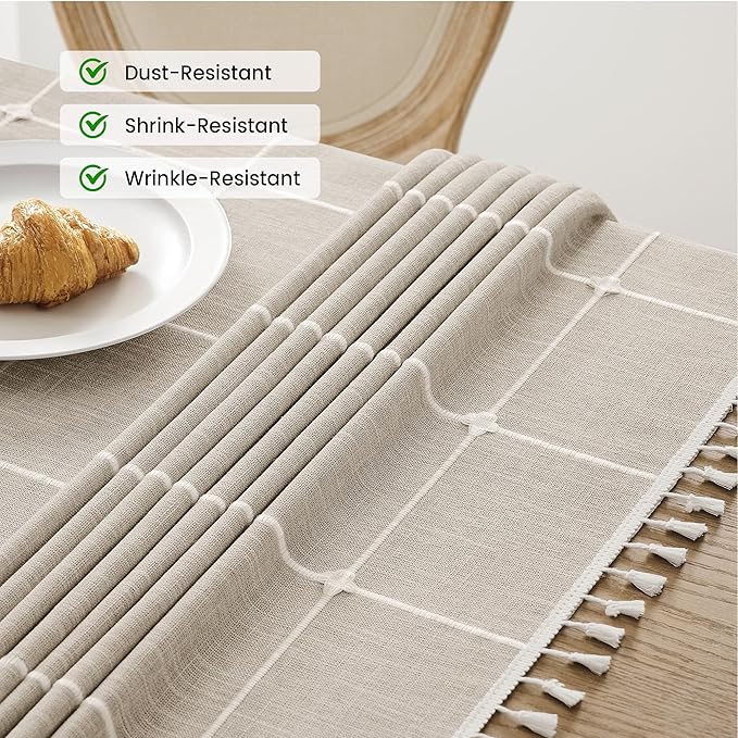 puredown® Plaid Rectangle Tablecloth, Waterproof Cotton Linen Tablecloth with Tassel, Rustic Farmhouse Table Cloths for Kitchen Dining Outdoor, 55"x70",4-6 Seats, Coffee