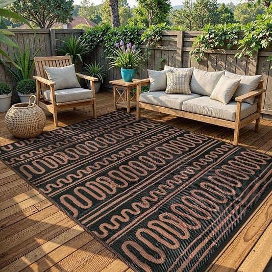 Beeiva Outdoor Rug 8x10 Patio Waterproof, Reversible 8x10 Outdoor Rug for Patio, Washable Outdoor Plastic Straw Rug for Deck, Balcony, Backyard, Porch, Camping, Picnic - Black/Brown