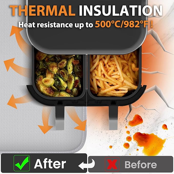 Heat Resistant Mat for Air Fryer Site - 23.6 x 15.7in, Fireproof Silicone Mats for Kitchen Counter, Heat Proof Mat, Non-slip & Waterproof for Deep Fryer, Oven, Coffee machine (Silver)