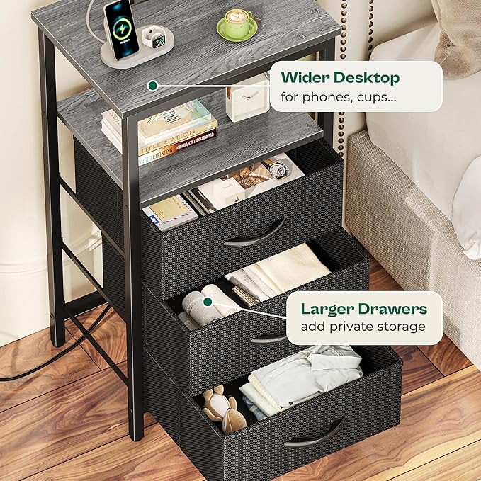 Huuger Night Stand with Charger Station and LED Lights, 3 Drawer Nightstand, Bed Side Table with Open Shelf, End Table, Tall Fabric Dresser for Bedroom, Grey