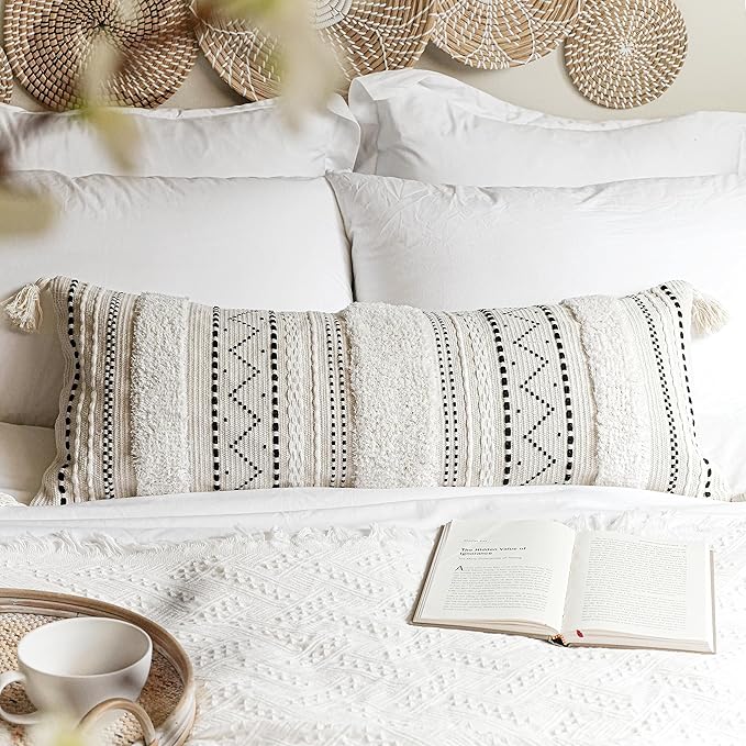 Black Neutral Decorative Lumbar Throw Pillow Cover 14x36 Boho Long Cushion for Bed Accent Farmhouse Pillowcase for Bedroom Living Room Couch Sofa Home Décor (Cover ONLY, Pack of 1)