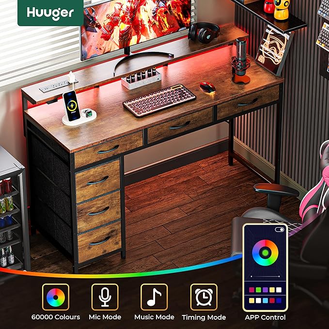 Huuger Gaming Desk with 6 Drawers, Computer Desk with LED Lights Power Outlets and Type-C, 47 Inch Office Desk with Storage, Monitor Stand, Writing Desk Work Desk for Home Office, Study, Rustic Brown