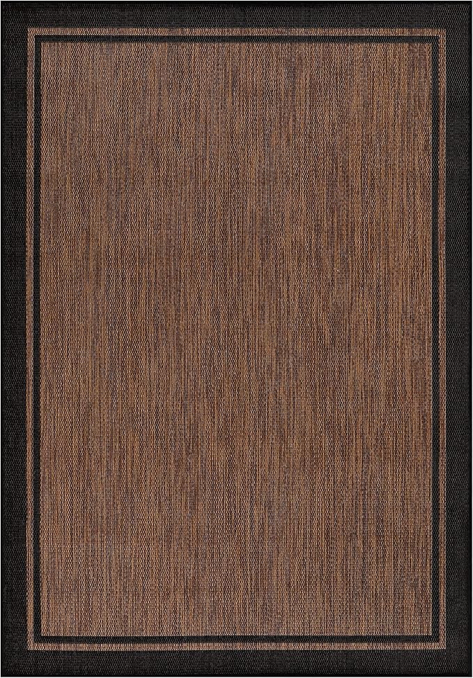 CAMILSON Indoor Outdoor Rug, 10x14 Bordered Nut Brown Black Modern Area Rugs for Indoor and Outdoor Patios, Kitchen and Hallway Mats, Washable Porch Deck Outside Carpet (Border Nut Brown Black 10 x14)