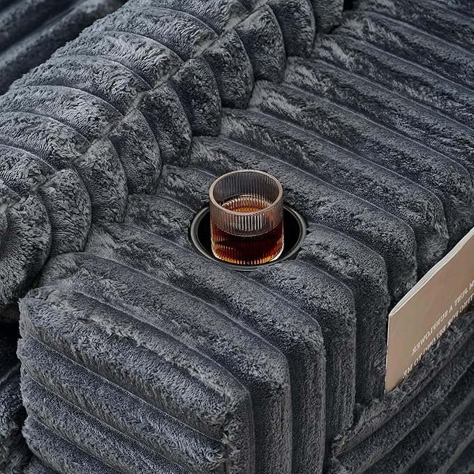 KEIKI 113'' Space-Saving Modular Sectional Sofa with Ottoman, Cloud-Like Ribbed Chenille Couch with Cup Holder & Storage Bag, Indoor Chaise Lounge Sofa Bed Alternative for Apartments & Modern Spaces