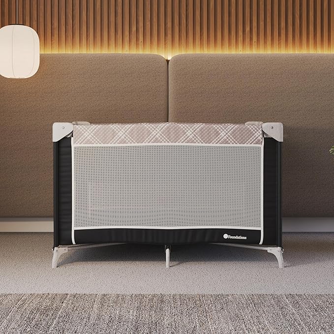 Foundations Sleep 'N Store Baby Pack and Play Yard - Portable Playpen with Removable Bassinet, Foldable Travel Playpen with Storage Bag & Foam Mattress, Designed for Hotels & Daycares- Mod Plaid Gray