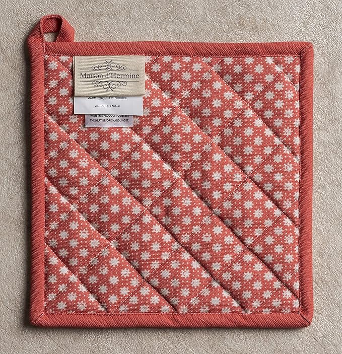 Maison d' Hermine Pot Holders 100% Cotton Heat Resistant Potholders 8" x 8" Hot Pads with Loop BBQ, Cooking, Baking, Grilling, Kitchen, Handling Hot Pans Spring/Summer (Pack of 1, Provence)