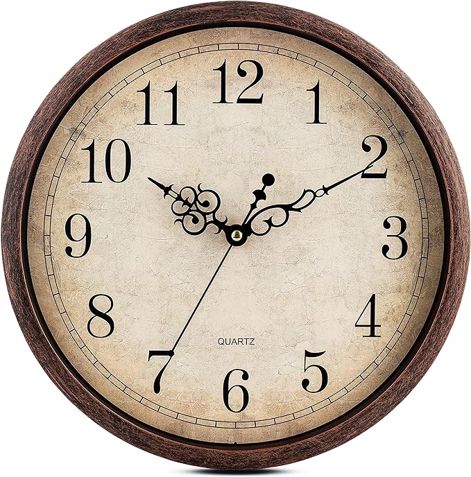 Bernhard Products Vintage Brown Wall Clock Silent Non Ticking 12 Inch Quality Quartz Battery Operated Round Decorative Easy to Read for Home Kitchen Living/Dining Room Bedroom Office Classroom School