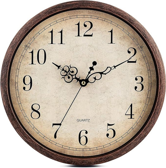 Bernhard Products Vintage Brown Wall Clock Silent Non Ticking 12 Inch Quality Quartz Battery Operated Round Decorative Easy to Read for Home Kitchen Living/Dining Room Bedroom Office Classroom School