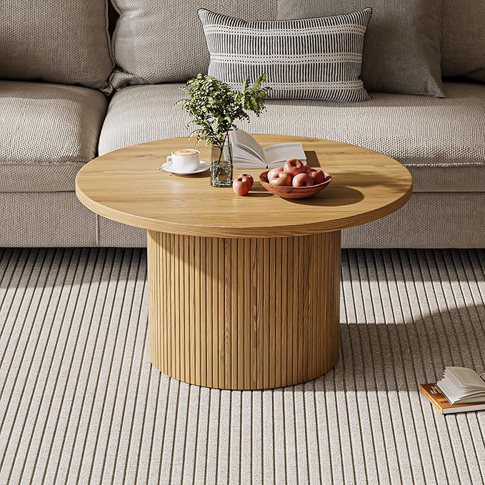 Round Coffee Table with Metal Frame, 35" Coffee Tables for Living Room, Circle Wood Accent Center Table for Apartment, Oak