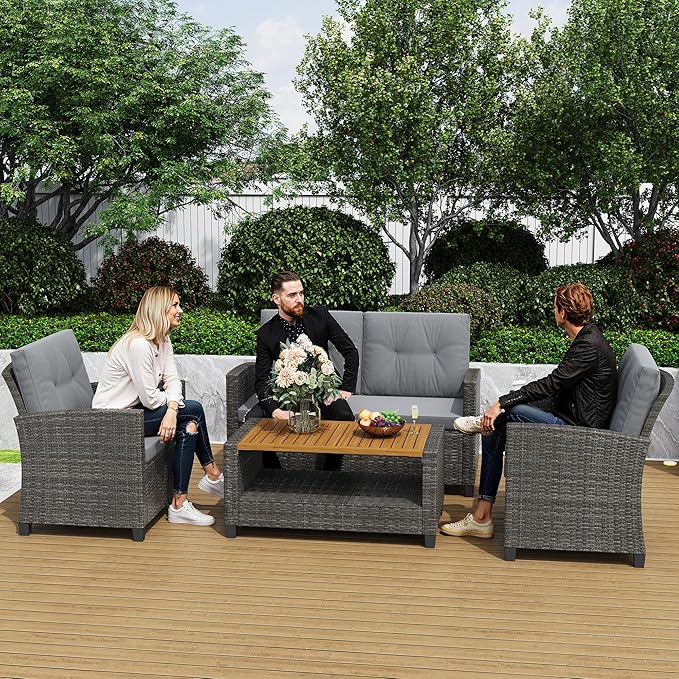 Wisteria Lane 4 Piece Patio Furniture Set, Wicker Outdoor Patio Conversation Furniture Set, All Weather Outdoor Patio Sofa with Cushion and Glass Table, Gray Wood